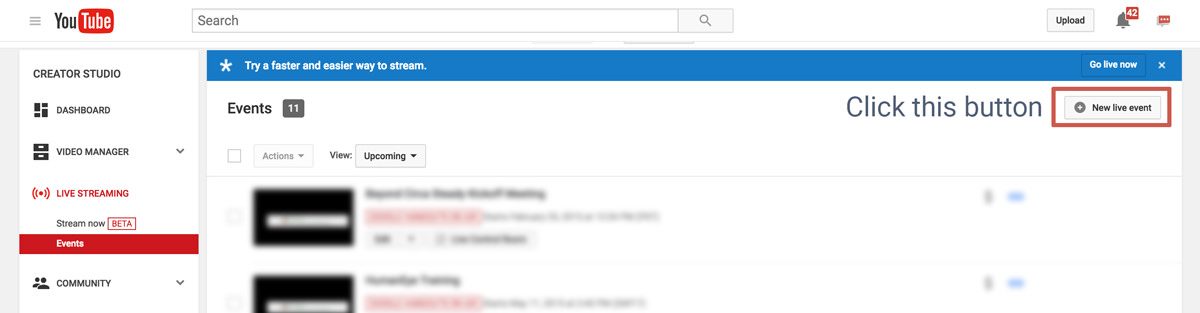 youtube new live event button