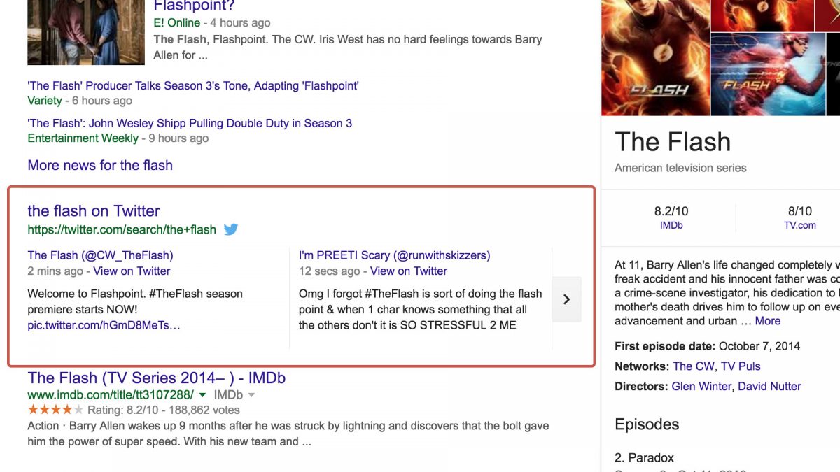 the flash twitter carousel in google search
