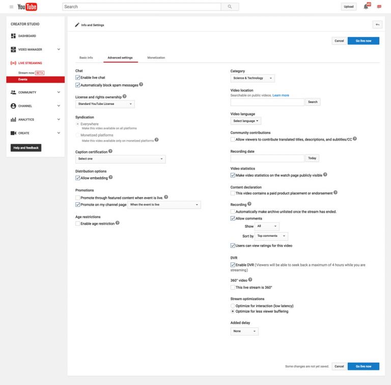 youtube live events advanced settings